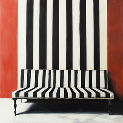 striking black and white striped sofa against bold red wall creates modern and stylish interior design. contrast adds dynamic touch to space, making it visually appealing