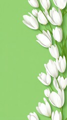 White tulips in a vertical arrangement against a soft lime green backdrop.  A  floral border with numerous white tulips creates a soft, spring-like visual