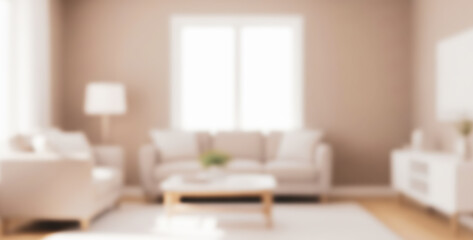 Blurred living room interior featuring sofa table lamp and window in neutral tones.