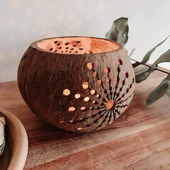A handcrafted coconut shell bowl, positioned centrally on a wooden surface. The shell is a dark brown color, and intricate, radiating patterns and small dots have been carved into its surface,