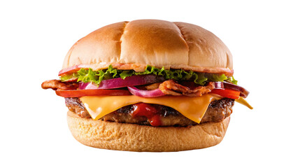 A juicy cheeseburger with crispy bacon and fresh vegetables, perfect for a satisfying meal.