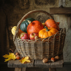 Autumn Harvest Wicker Basket Pumpkins Apples Squash Nuts Fall Colors Rustic Still Life