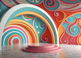 A vibrant, stylized architectural scene. Large, swirling, colorful waves, resembling abstract, sculpted stone or paper, form a tunnel-like structure. The waves are composed of layers of vibrant colors