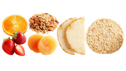 Fresh fruit and grains arranged against a black backdrop, promoting health and wellness.