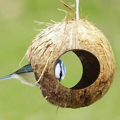 Bird Inside a Hanging Coconut Shell Birdhouse &ndash; Eco-Friendly Wildlife Habitat1.p