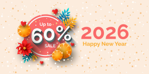 Up to 60 percent sale banner template design. Vector Happy New Year 2026 holiday discount illustration