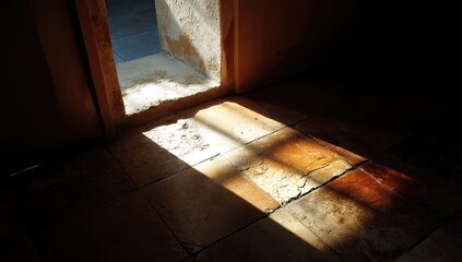 Sunlight streams through a doorway, illuminating terracotta tiles
