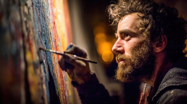 Artist painting a colorful canvas outdoors