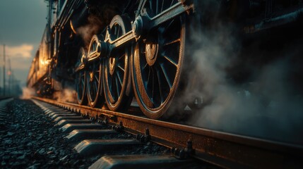 Steam train wheels and smoke, low angle view