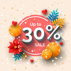 Up to 30 percent sale banner template design. Vector holiday discount illustration