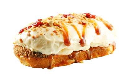 A decadent pastry featuring a creamy filling with caramel drizzle and crunchy toppings.