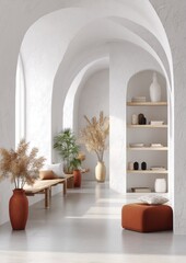 A sunlit, minimalist hallway with arched alcoves, wooden furniture, and neutral tones