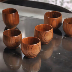  round, wooden cups are arranged on a dark gray, marble-like surface. The cups are a rich, warm brown color, with visible wood grain.