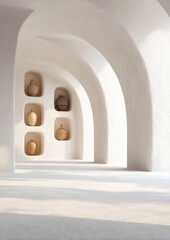 A sunlit, arched corridor with niches showcasing pottery
