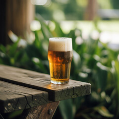 Golden Beer in Pint Glass on Rustic Wooden Table Outdoors Lush Green Foliage Background