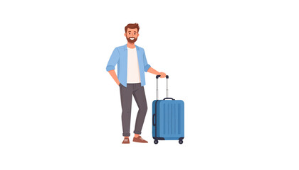Smiling man with beard stands with a blue suitcase, ready for travel.
