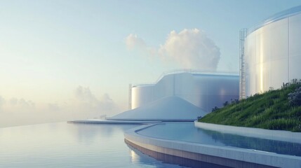 Modern, futuristic architecture by a tranquil water's edge.  Soft light bathes  structures. Lush green hillside