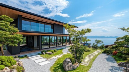 Modern Japanese home overlooking a lake, featuring a meticulously landscaped garden with pathways and rocks
