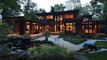 Modern home nestled in a lush garden at dusk.  Dark wood, glass, and stone construction with a serene Japanese garden design