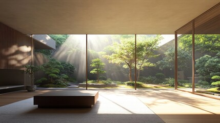 Modern Japanese-style interior with garden view. Sunlight streams through large windows