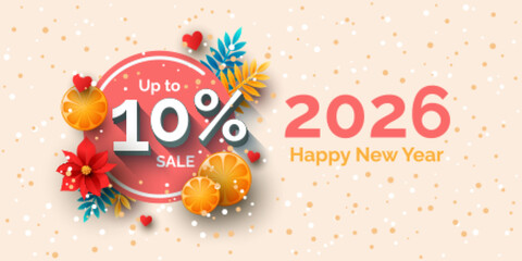 Up to 10 percent sale banner template design. Vector Happy New Year 2026 holiday discount illustration