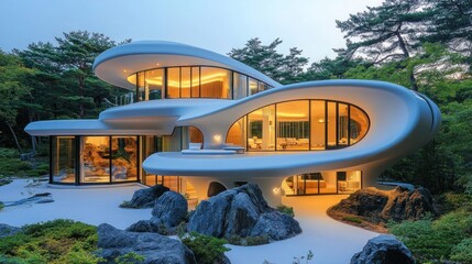 Modern, organic house nestled in a lush garden.  Evening light bathes the flowing, sculpted forms