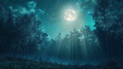 Mystical forest at night, bathed in moonlight