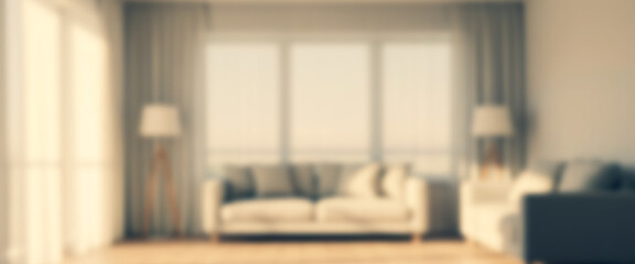 Blurred living room interior with sofa lamps window and wooden floor.