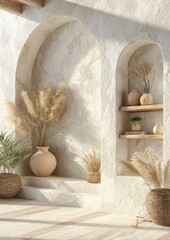 A sun-drenched interior featuring arches, beige textures, and natural elements