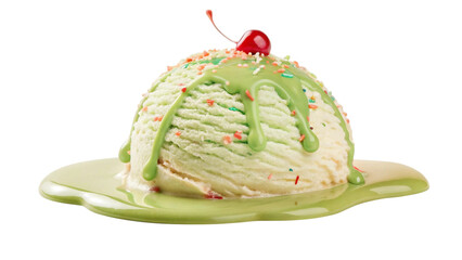 Delectable scoop of green ice cream with cherry, sprinkles, and sauce