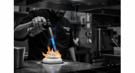 Fototapeta premium Chef using a blowtorch to caramelize dessert in a professional kitchen
