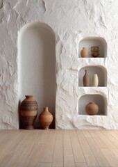 Whitewashed wall with arched alcoves and terracotta pottery