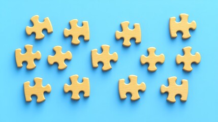 Obraz premium Golden puzzle pieces scattered on a light blue surface.