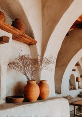 Creamy, arched interior, terracotta pots and dried flowers