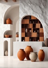 Modern, minimalist interior design featuring terracotta pottery