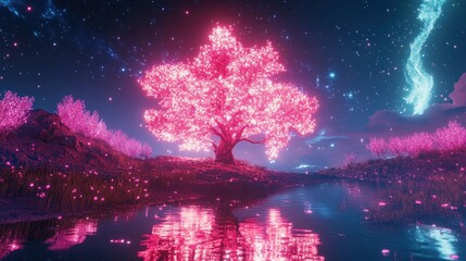 Pink glowing cherry blossom tree by a reflective pool under a starry night sky