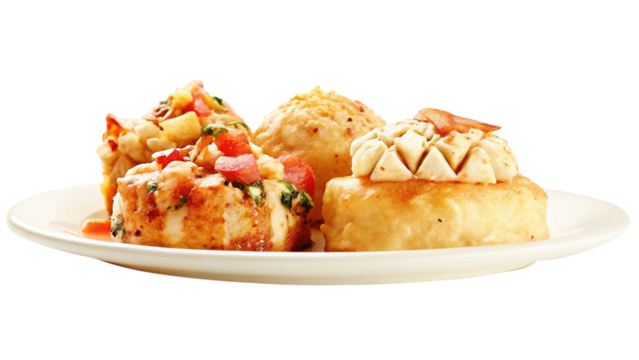 A selection of beautifully presented appetizers on a white plate, ready to enjoy. - Powered by Adobe