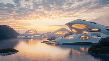 Serene futuristic architecture by a tranquil lake at dawn.  Soft, flowing, white buildings mirror in still water,  surrounded by a tranquil landscape.  Sunrise paints the sky with warm hues