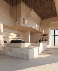 Beige minimalist coffee shop interior. Sunlight streams in