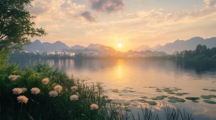 Serene lakefront at sunset, with mountains and city skyline in the background.  Peaceful, golden hour light