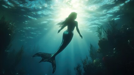 Silhouette of a mermaid swimming underwater, sunbeams illuminating the scene. Lush coral reef and seaweed surrounds her