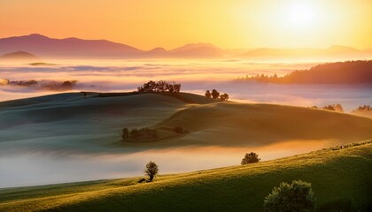 soft rolling hills covered in fresh morning fog illuminated by golden sunrise