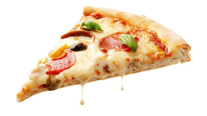 A mouthwatering slice of pizza featuring melted cheese, and fresh toppings.