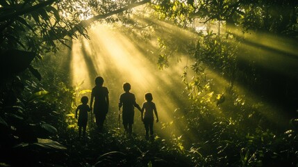 Silhouetted family walking through a sunlit jungle. Sunlight beams through the canopy, illuminating the path ahead