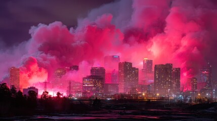 Obraz premium Pink smoke engulfs city skyline at night