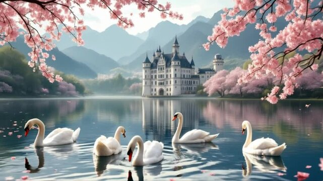 Majestic scene of swans gracefully swimming in serene lake near castle under cherry blossom trees