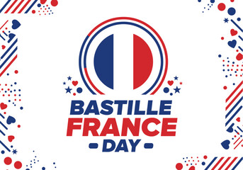 Obraz premium Celebrate Bastille Day in France with a festive design featuring the French flag colors, hearts, stars, and confetti, creating a vibrant and patriotic atmosphere.