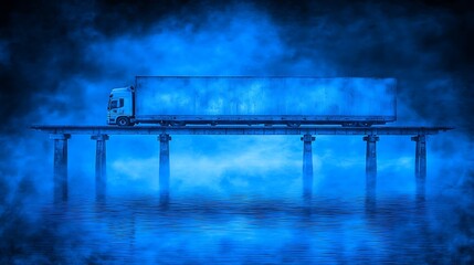 A large truck traverses a misty bridge over still water.