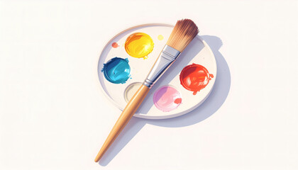 Minimalist Brush Style Paintbrush and Palette with Softly Brushed Bristles and Colors on White Background for Artistic Design Illustration