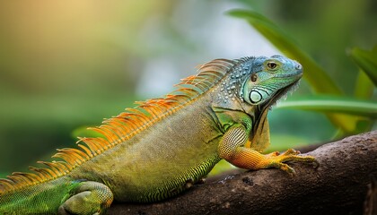 green and yellow cute iguana african forest